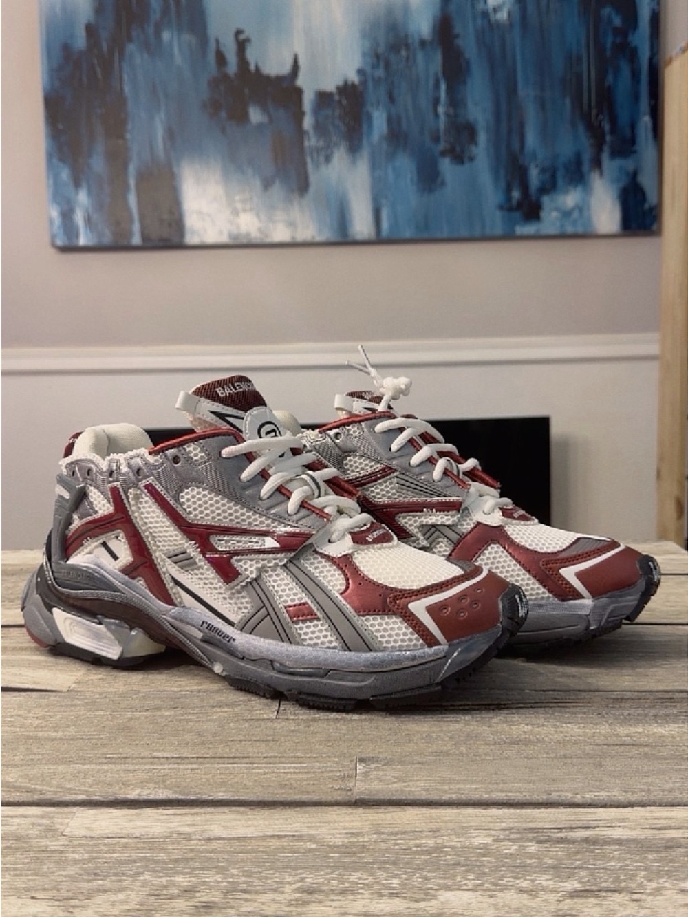 Balenciaga Men’s White and Burgundy Mesh Runner Sneakers